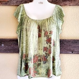 Boho Flutter Sleeve Floral Top Green/Brick Red 1X